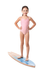 Wall Mural - Cute little girl with surfboard on white background