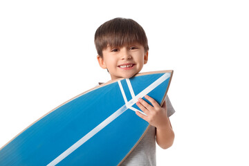 Wall Mural - Cute little boy with surfboard on white background