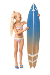 Wall Mural - Cute little girl with surfboard on white background