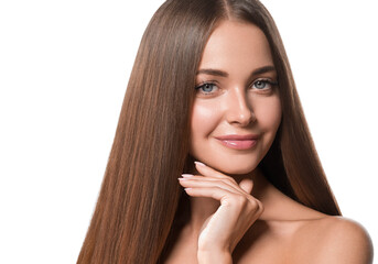 Wall Mural - Beautiful woman with long beautiful smooth hair natural make up healthy skin