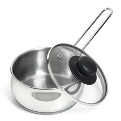 Long handle metal pot for cooking hot food with open lid isolated on white background