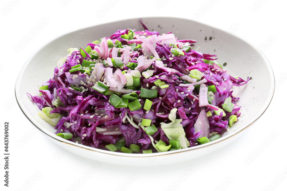 Plate with tasty cabbage salad on white background