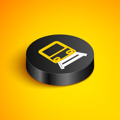 Poster - Isometric line Train icon isolated on yellow background. Public transportation symbol. Subway train transport. Metro underground. Black circle button. Vector