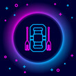 © vector_v - Glowing neon line Rafting boat icon isolated on black background. Inflatable boat with oars. Water sports, extreme sports, holiday, vacation, team building. Colorful outline concept. Vector