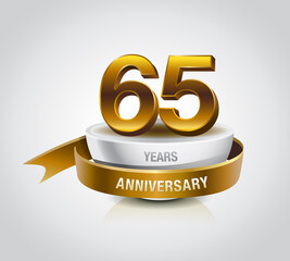 65 years golden anniversary logo celebration with ring and ribbon.