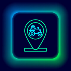 Glowing neon line Tractor and location icon isolated on black background. Colorful outline concept. Vector