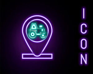 Glowing neon line Tractor and location icon isolated on black background. Colorful outline concept. Vector