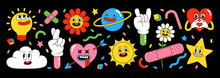 Sticker Pack Of Funny Cartoon Characters. Vector Illustration Of Comic Heart, Sun, Planet, Berry, Abstract Faces Etc.
