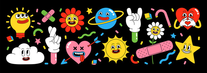 Wall Mural - Sticker pack of funny cartoon characters. Vector illustration of comic heart, sun, planet, berry, abstract faces etc.