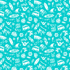 Surfing tropical printable seamless pattern. Surfing pattern with summer elements for print fabric design. Surf grunge design elements for print fabric, t-shirt, summer poster