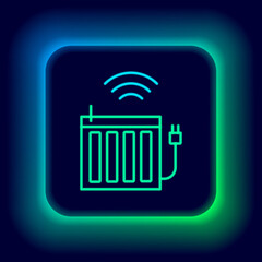 Poster - Glowing neon line Smart heating radiator system icon isolated on black background. Internet of things concept with wireless connection. Colorful outline concept. Vector