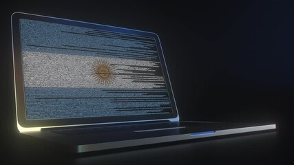 Laptop and source code on the screen composing flag of Argentina. National information technology related 3d animation