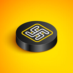 Poster - Isometric line Hindu swastika religious symbol icon isolated on yellow background. Black circle button. Vector