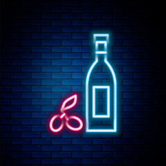 Wall Mural - Glowing neon line Bottle of olive oil icon isolated on brick wall background. Jug with olive oil icon. Colorful outline concept. Vector