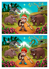 Wall Mural - Spot the differences. Two images with seven changes between them, vector and cartoon illustrations