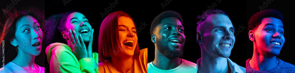 Portrait of happy young people, men and women isolated on multicolored background in neon light, collage. - obrazy, fototapety, plakaty 