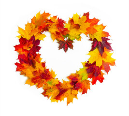 Wall Mural - Creative colorful wreath in form of heart isolated on white background made of natural maple leaves of autumn season in yellow, orange, burgundy, green.