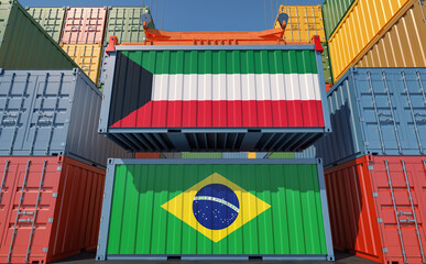 Container Terminal. Two cargo Container with Brazil and Kuwait flags. 3D Rendering