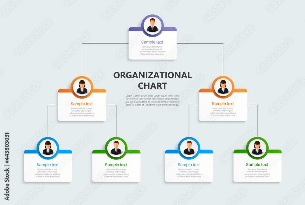 Corporate organizational chart with business avatar  icons. Business hierarchy infographic elements. Vector illustration - obrazy, fototapety, plakaty 