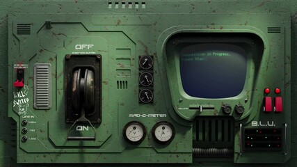 3d render scifi dystopian battered metal control panel. on the small tv like screen appears the text