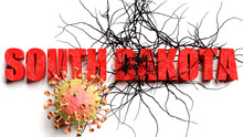 Degradation And South Dakota During Covid Pandemic, Pictured As Declining Phrase South Dakota And A Corona Virus To Symbolize Current Problems Caused By Epidemic, 3d Illustration