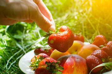 Wall Mural - Man take Strawberries and peaches from a plate on the green grass. Delicious and fresh summer fruits. Healthy vegetarian food with vitamins.