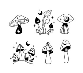 Canvas Print - Mystical mushrooms isolated clipart set, magic line celestial mushroom, moon and stars, witchy esoteric objects, floral mystical - black and white vector illustration