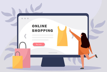 Female characters choosing dress in online shop. Online shopping concept. Trendy vector illustration for web, banner