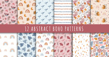 Boho Abstract Seamless Pattern Or Digital Paper Bundle, Simple Geometric And Floral Background In Bohemian Style, Modern Abstract Simple Shapes Texture 