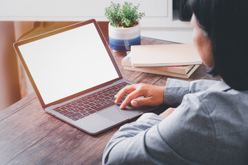 Business women working on her laptop with blank copy space screen for your advertising text message in office, Back view of business women hands busy using laptop computer concept.