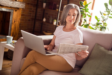 Sticker - Portrait of attractive skilled smart grey-haired woman sitting on sofa reading news using laptop at home house indoors modern brick loft interior