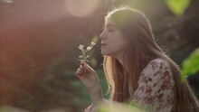 A Beautiful Girl In The Forest Against The Sunset Picks A White Flower And Sniffs It. Antihistamines During Spring Flowering. Life Without Allergy.
