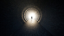 Concept Or Conceptual Dark Tunnel With A Bright Light At The End Or Exit As Metaphor To Success, Faith, Future Or Hope, A Black Silhouette Of Walking Man To New Opportunity Or Freedom 3d Illustration