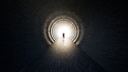 concept or conceptual dark tunnel with a bright light at the end or exit as metaphor to success, fai