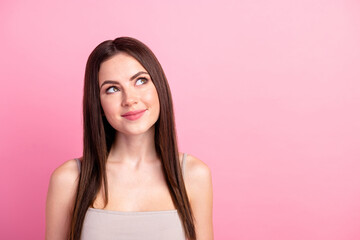 Poster - Portrait of attractive cheery dreamy girl creating solution copy space clue isolated over pink pastel color background