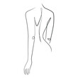 Naked woman standing back one line drawing on white isolated background