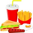 Fast food menu, beef sandwich, with french fries and cola drink, extra sausage and egg