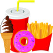 Fast food menu, regular ice cream, donuts with french fries and cola drink