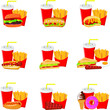 Fast food menu vector illustration, colorful junk food, street food icon illustration set