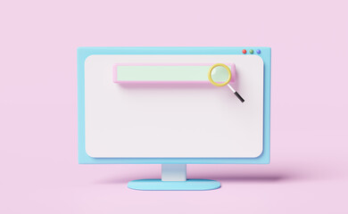 computer monitor with blank search bar isolated on pink background. ,minimal web search engine or web browsing concept,3d illustration or 3d render