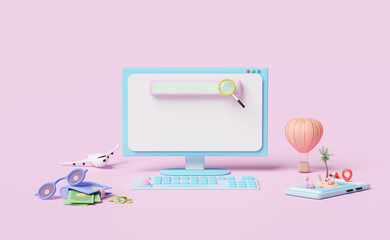 computer monitor with blank search bar,palms,beach chair,inflatable flamingo,cloud,world,umbrella,palm,plane isolated on pink background.web search engine summer travel vacation concept,3d render