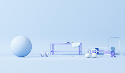 fitness ball, weights and water bottle.pastel blue and purple colors scene. trendy 3d render for spo