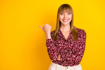 Sticker - Photo portrait of young business woman smiling showing thumb empty space isolated bright yellow color background