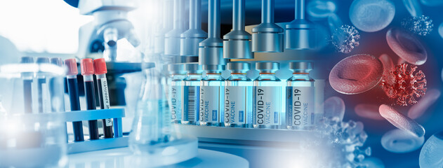 Wall Mural - panoramic web banner of doctor use microscope in a medical research lab or science laboratory, study