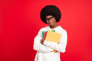 Sticker - Photo of clever curly hairdo young lady hold books wear eyewear white sportswear isolated on red color background