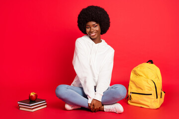 Poster - Full body photo of nice brunette hair millennial lady sit with bag apple books wear hoodie jeans isolated on red color background