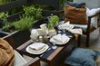 Outdoor living space. Small terrace table set up. Outdoor celebration.