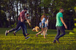 © Studio Romantic - Group of happy young people running on grass in summer park. Youth on vacation. Friends having fun on a weekend in nature.