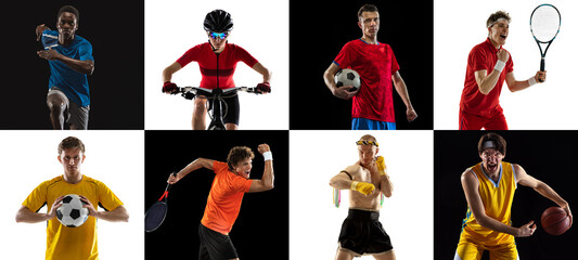 Wall Mural - Collage of 8 sportsmen, football, basketball, tennis players, athletes and cyclist isolated on white and black background.