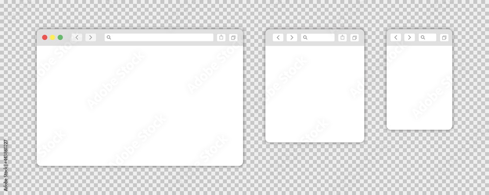 Browser window isolated vector web elements transparent background. Design template with browser window for mobile device design. Blank template. Mockup for web site design. - obrazy, fototapety, plakaty 